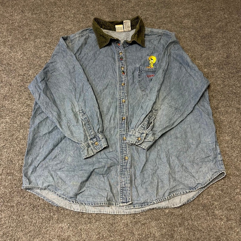 Looney Tunes Denim Shirt Womens Size 22W/24W Blue Corduroy Tweety Bird Vtg